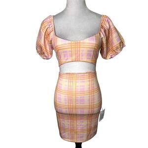 ASOS Women's Puff Sleeve Cut Out Mini Dress Multi Color Check Print 6 NWT